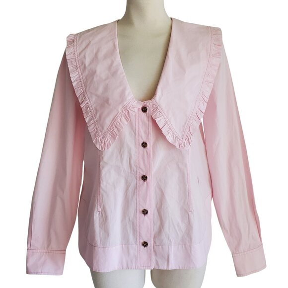 Ganni Tops - GANNI Vintage Ruffle Trim Peter Pan Collar Baby Pink Cotton Poplin Blouse Sz M/L